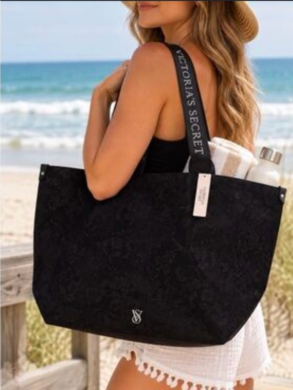 NWT Victoria's Secret Black Logo Beach Vacation Strap Tote